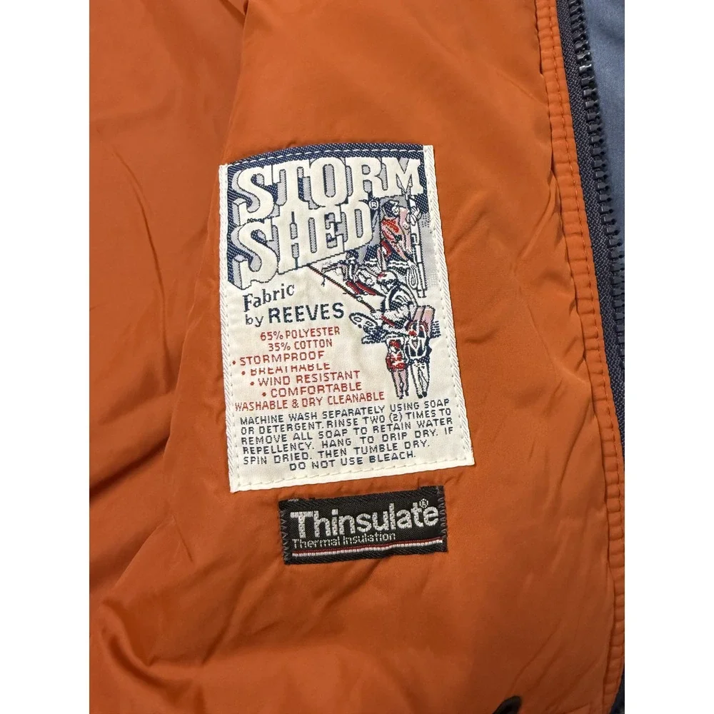 Vintage Sears Fieldmaster Work Jacket Blue Orange Lined Chest Pockets Snap Men L